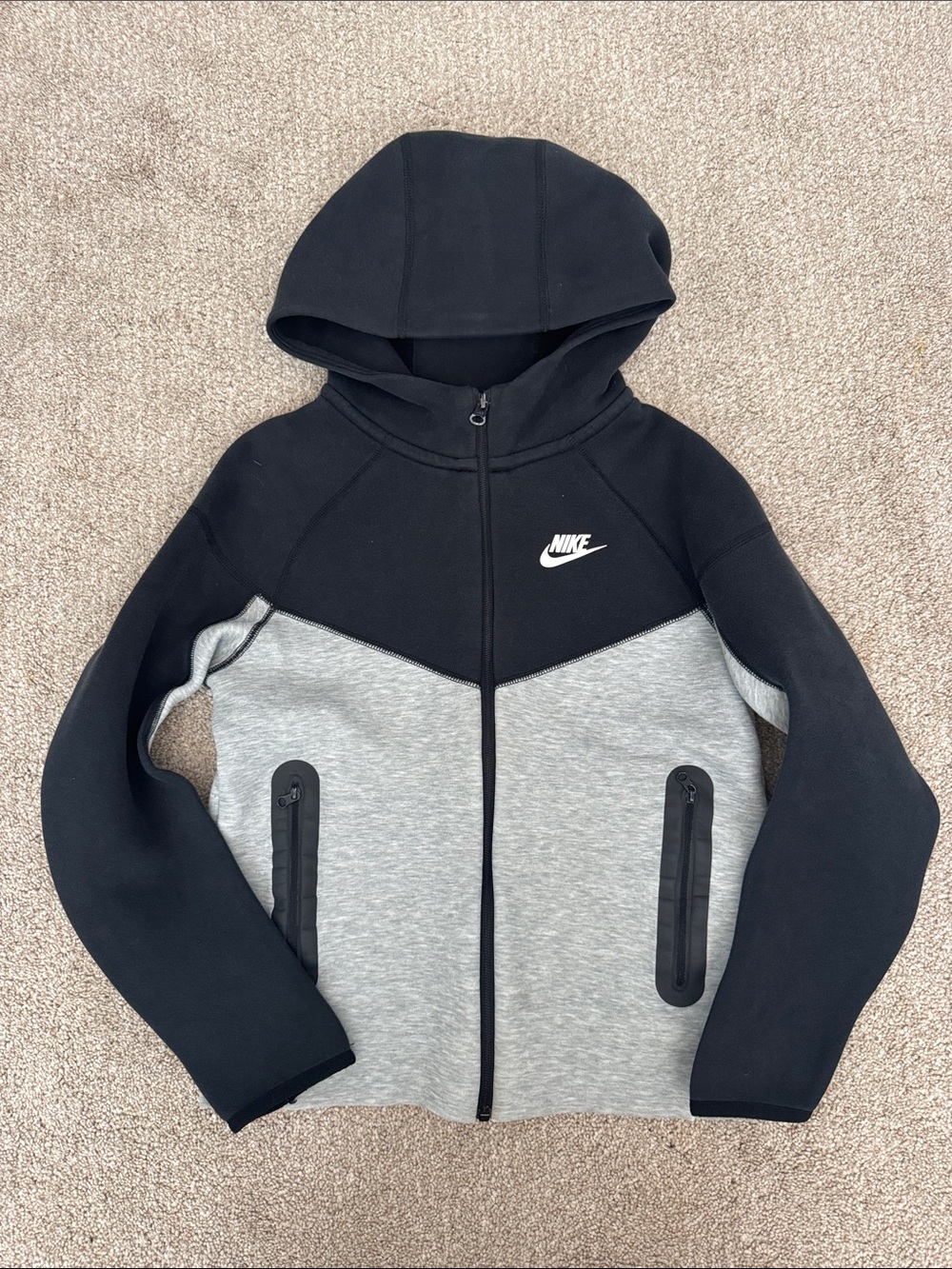 Nike Tech Fleece-Black and Gray Colorblock Zip Hoodie for Kids